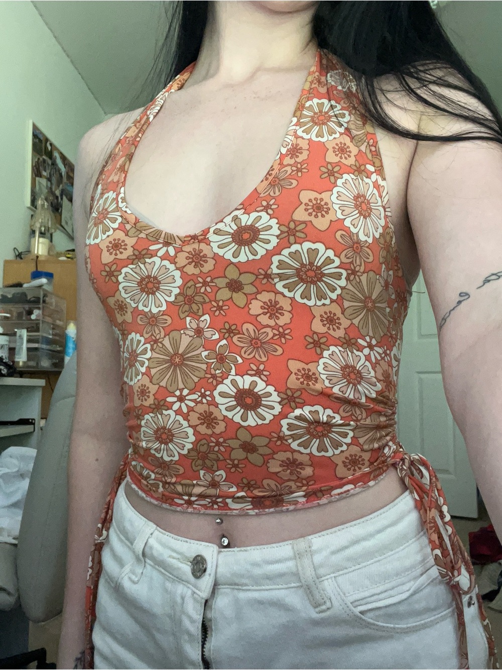 Retro hippie Floral Halter Crop Top in Orange